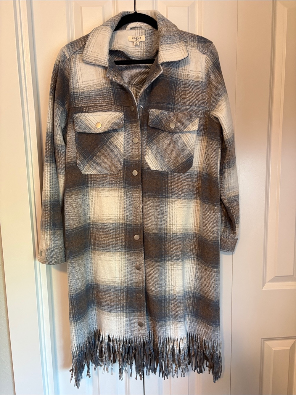 Umgee Cream, Light Blue & Brown Plaid Fringe Shacket